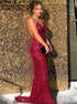 Sequined V Neck Spaghetti Straps Backless Mermaid Prom Dresses LBQ3635